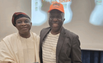 David Mark (L) with Ralph Nwosu of the African Democractic Congress (ADC)
